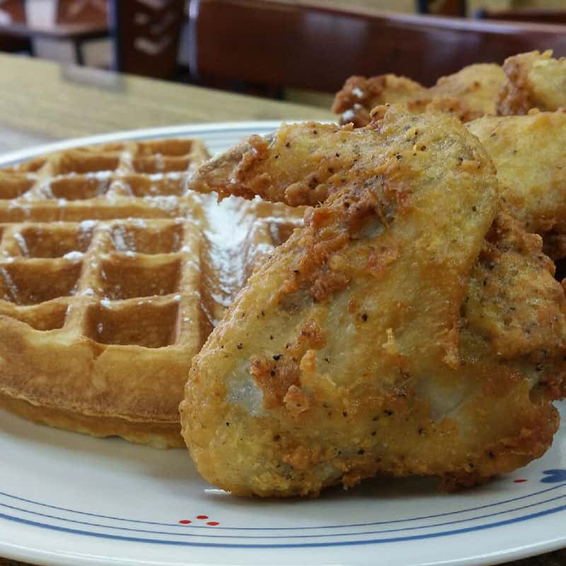 Waffle and fried chicken at Main Street Cafe